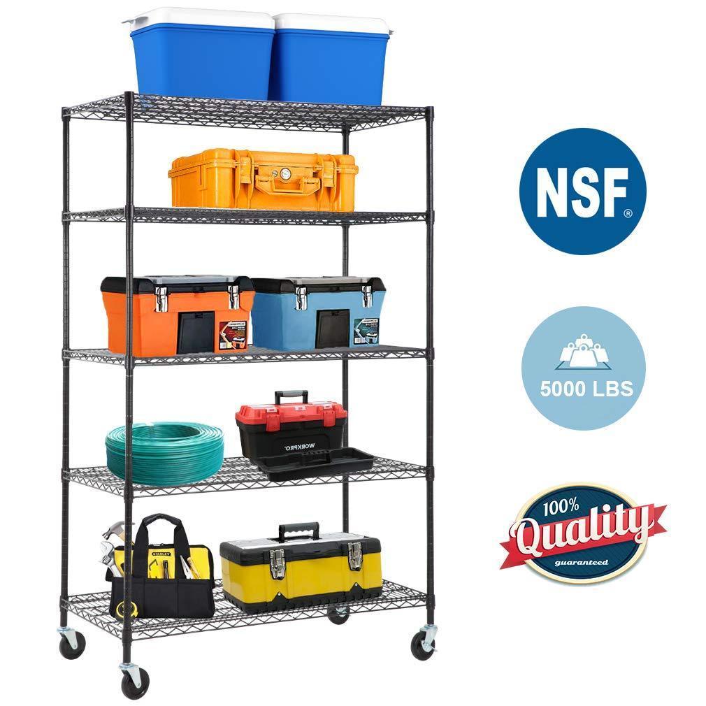 5-Wire Shelving Unit Steel Large Metal Shelf Organizer Garage Storage Shelves Heavy Duty NSF Certified Commercial Grade Height Adjustable Rack 5000 LBS Capacity on 4" Wheels 24"D x 48"W x 76"H,Black