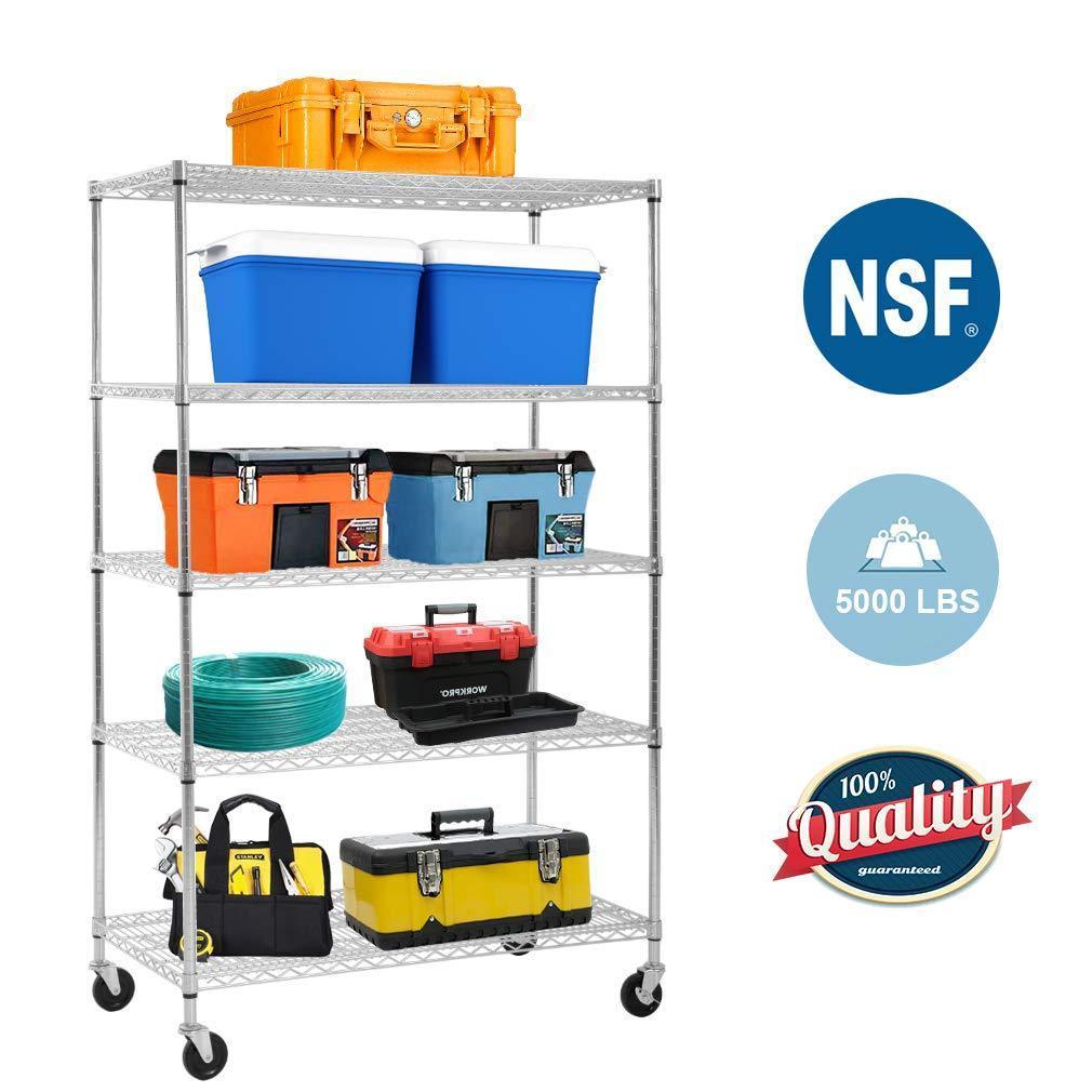 5-Wire Shelving Unit Steel Large Metal Shelf Organizer Garage Storage Shelves Heavy Duty NSF Certified Height Adjustable Commercial Grade Rack 5000 LBS Capacity on 4 Wheels 24D x 48W x 72H Zinc