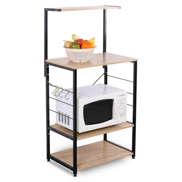 WOLTU 4-Tiers Shelf Kitchen Storage Display Rack Wooden and Metal Standing Shelving Unit for Home Bathroom Use with 4 Hooks