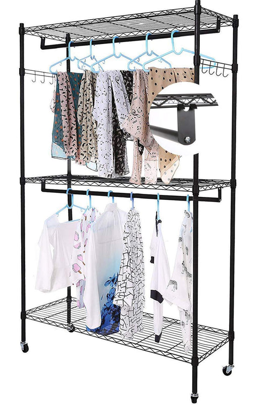 Miageek Heavy Duty Garment Rack Rolling Clothes Rack Free-Standing Shelving Wardrobe Clothes Closet,Storage Organizer with Hanging Rods and Lockable Wheels (Black - Two Pair Hook)