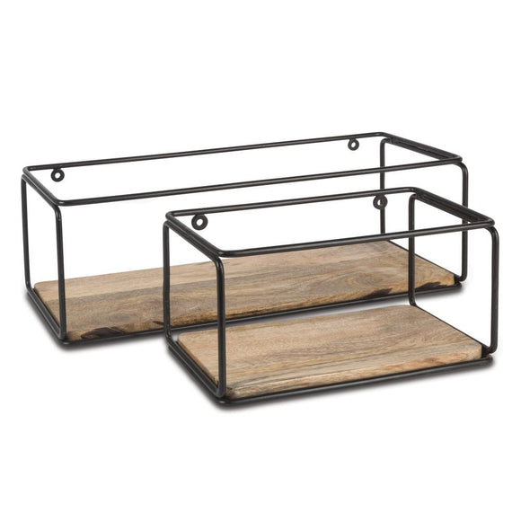 Assorted-Size Mango Wood and Metallic-Frame Wall Shelves (Set of 2)