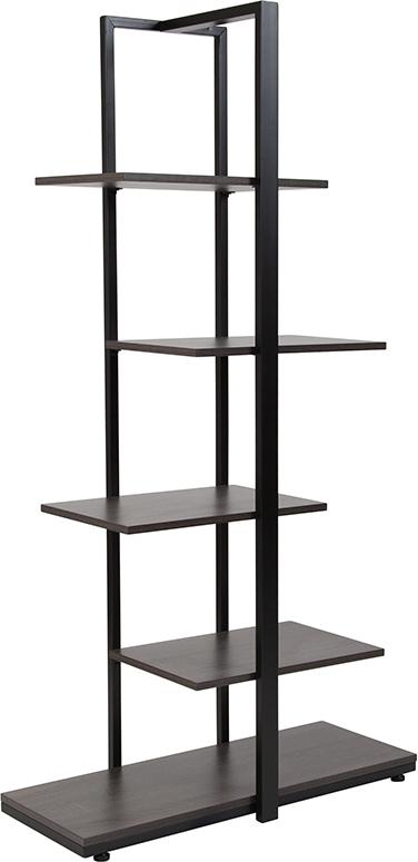 5 Tier Decorative Etagere Storage Display Unit Bookcase with Black Metal Frame in Driftwood Finish