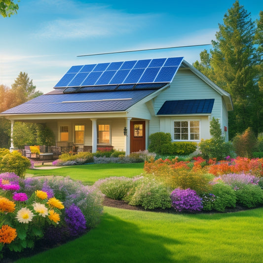 A serene suburban home with solar panels on the roof, a wind turbine in the backyard, and a battery storage system visible through a window, surrounded by lush greenery and blooming flowers.