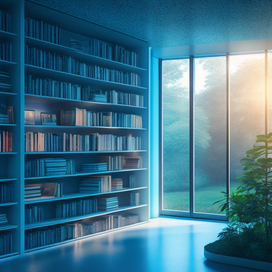 A futuristic library with sleek, minimalist shelves illuminated by soft, warm lighting, with built-in solar panels on the sides, surrounded by lush greenery and a subtle, gradient blue background.