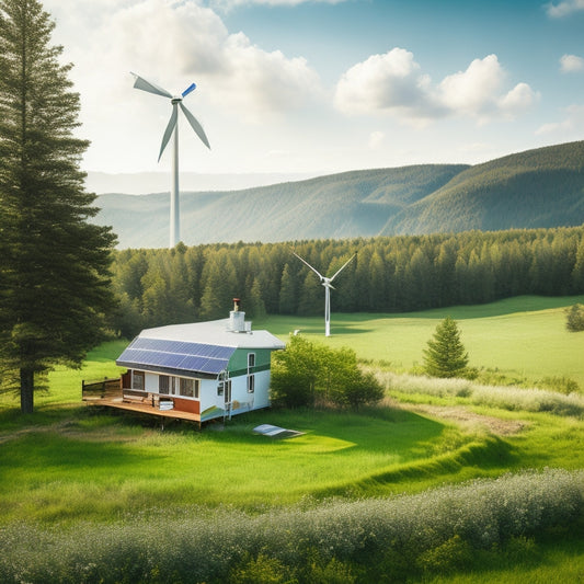 A serene, isolated landscape with a small, sustainable off-grid cabin amidst lush greenery, surrounded by wind turbines, solar panels, and a mini hydroelectric generator, under a bright blue sky with a few puffy clouds.
