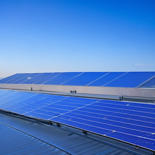 A photograph of a modern, sleek rooftop with multiple corrugated iron solar panels installed, showcasing various bracket designs and styles, with a clear blue sky in the background.