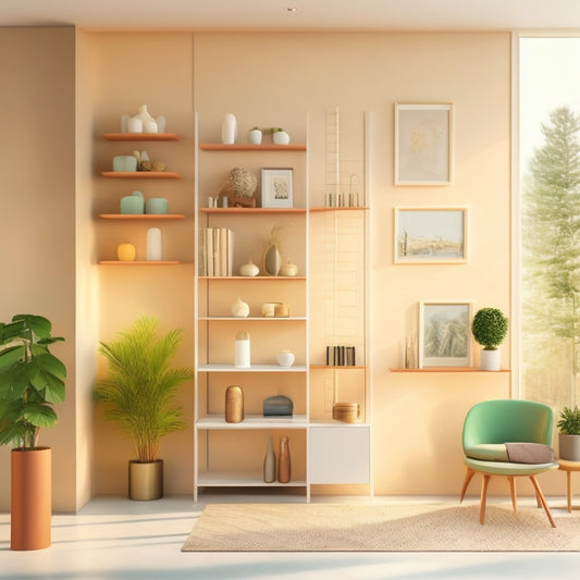 A stylized, minimalist illustration of a modern interior with a floor-to-ceiling column wall shelving system, adorned with sleek solar panels and subtle ambient lighting, set against a soft, cream-colored background.