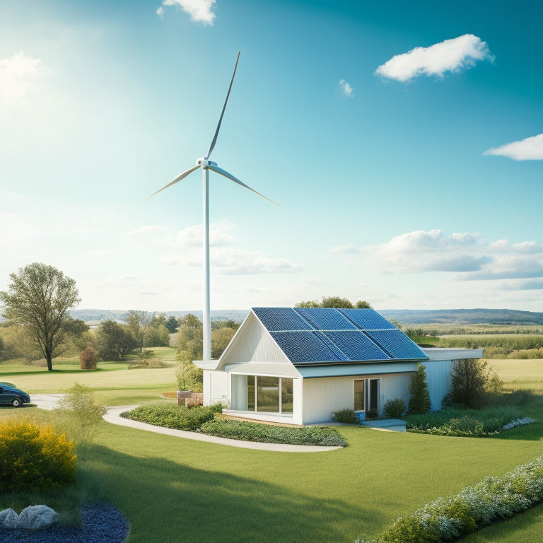 A serene landscape featuring a modern, sustainable home surrounded by lush greenery, with a wind turbine and solar panels installed on the roof, under a bright blue sky with fluffy white clouds.