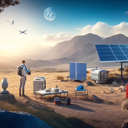 A futuristic, high-tech illustration featuring a person standing in a scenic outdoor environment, surrounded by various mobile energy freedom systems, including solar panels, batteries, and inverters, from top brands.