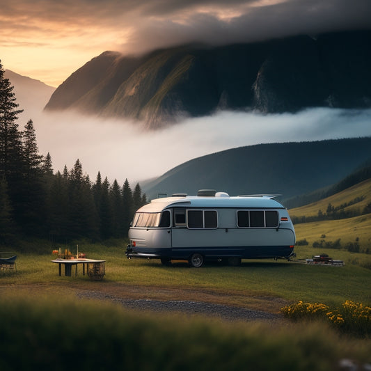 A serene campsite at dawn with a camper van featuring a sleek, black solar panel kit installed on its roof, surrounded by lush greenery and misty mountains in the background.
