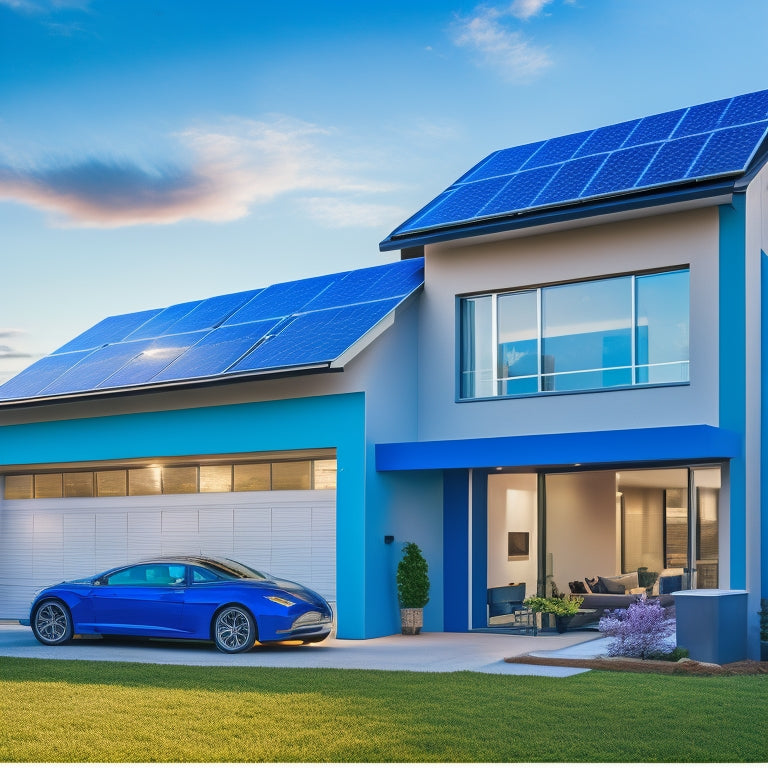 A modern, sleek home with a rooftop solar panel array, a backup battery system installed in the garage, and a tablet displaying a monitoring dashboard, surrounded by a subtle, gradient blue background.