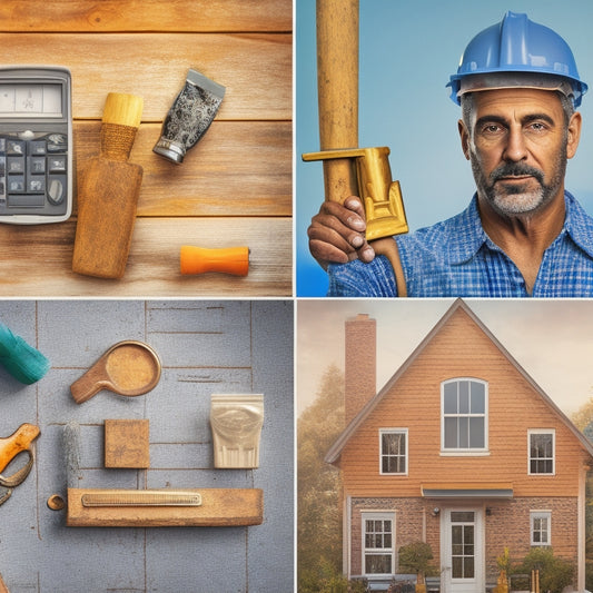 A collage of a person holding a hammer, a piggy bank, and a house blueprint, surrounded by icons of dollar signs, wrenches, and paintbrushes, set against a warm, sunny background with a subtle grid pattern.