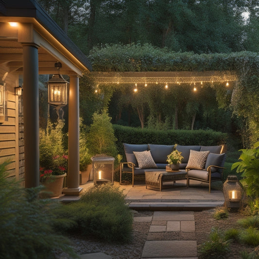 A serene backyard at dusk, showcasing various outdoor lighting features: elegant path lights, warm string lights draped over a wooden pergola, and stylish wall sconces illuminating a cozy seating area surrounded by lush greenery.