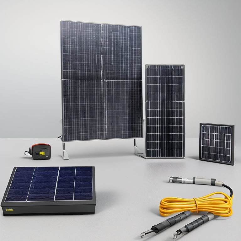 A photorealistic image of a solar panel kit displayed on a white background, featuring a compact array of 4-6 rectangular panels, a sleek inverter, and a bundle of black cables.