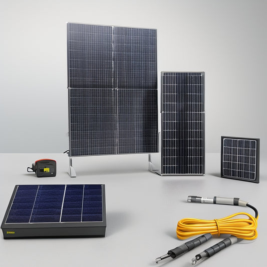 A photorealistic image of a solar panel kit displayed on a white background, featuring a compact array of 4-6 rectangular panels, a sleek inverter, and a bundle of black cables.