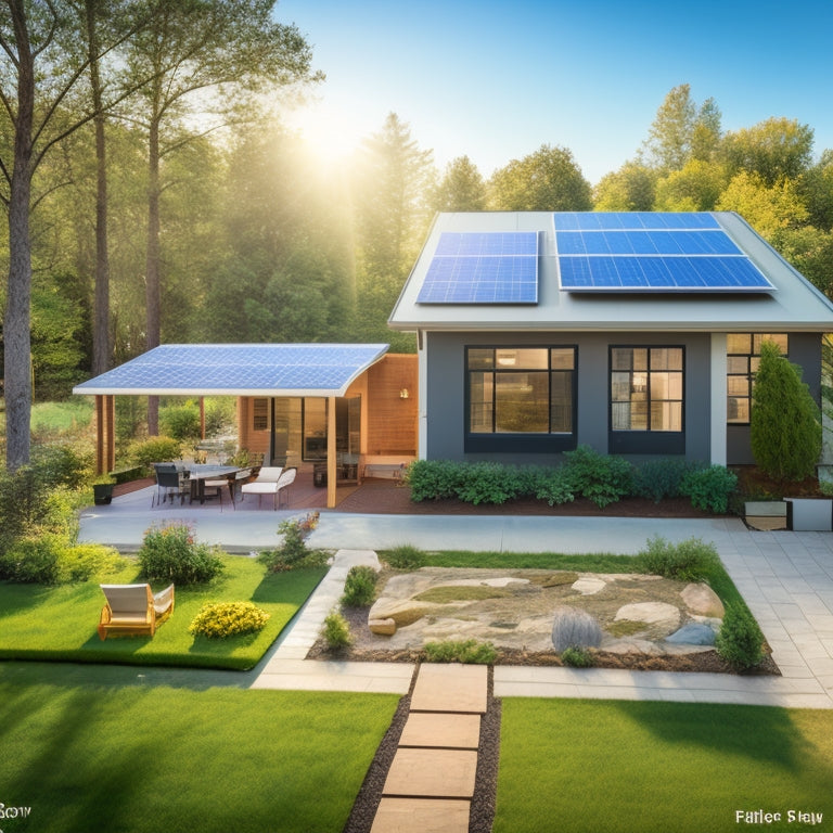 A serene suburban backyard featuring a modern home with solar panels on the roof, a step-by-step visual guide illustrated with arrows and icons for planning, installation, and maintenance, surrounded by greenery and sunlight.