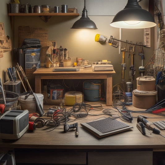 A cluttered workspace with various tools and materials, including a drill, wires, and solar panels, surrounding a partially installed home panel system on a roof or wall.