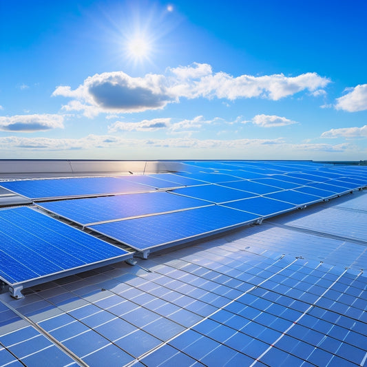 Generate an image of a modern, sleek rooftop with 10-12 silver-framed solar panels installed, angled towards the bright blue sky with a few puffy white clouds.