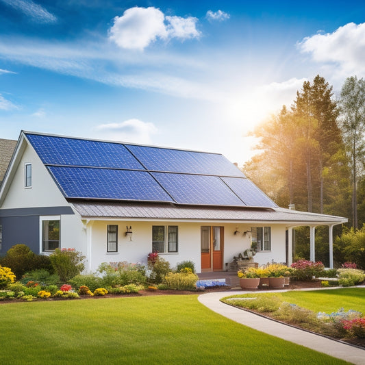A serene suburban home with solar panels on the roof, surrounded by a vibrant garden, showcasing a sleek battery storage unit in the yard, under a bright blue sky with fluffy white clouds.
