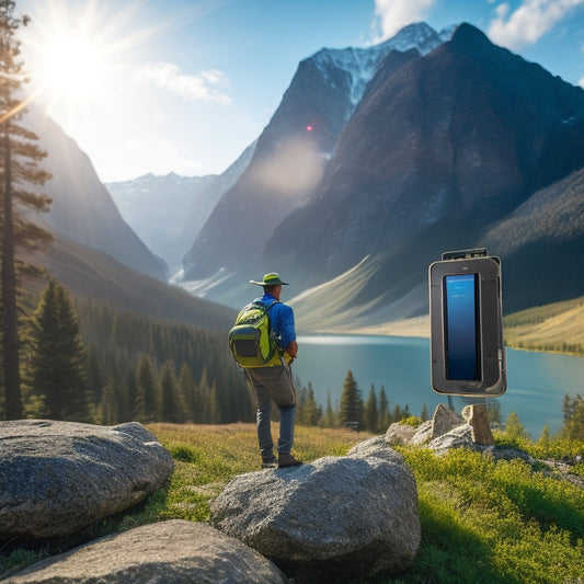 A serene outdoor scene with a person hiking in the distance, surrounded by mountains and trees, with a portable solar charger panel unfolded on a rock, connected to a smartphone.