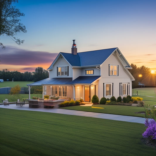 A serene suburban home at sunset, with solar panels on the roof, a compact battery storage unit on the lawn, and a small wind turbine spinning in the background.