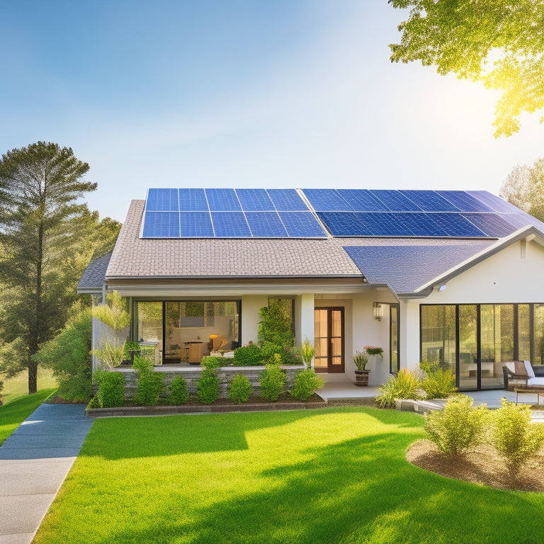 A modern suburban home with solar panels on the roof, surrounded by lush greenery, showcasing a clear blue sky. Include a digital display nearby showing fluctuating costs, emphasizing eco-friendly energy efficiency.