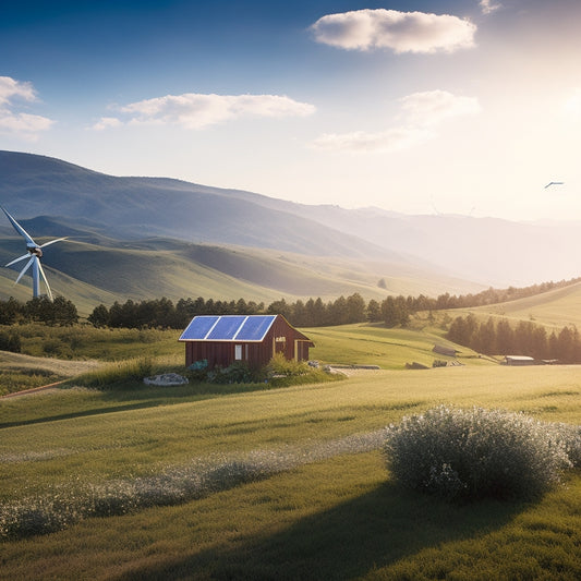 A serene landscape featuring solar panels and wind turbines on a lush green hillside, battery storage units beside a cozy off-grid cabin, with a clear blue sky and vibrant nature surrounding the scene.