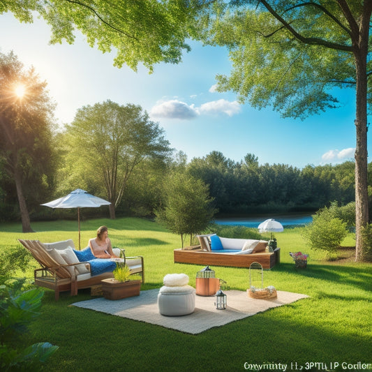 A serene backyard scene with a portable solar panel, wind turbine, and battery pack, surrounded by lush greenery, a hammock, and a few outdoor lanterns, under a bright blue sky with fluffy white clouds.