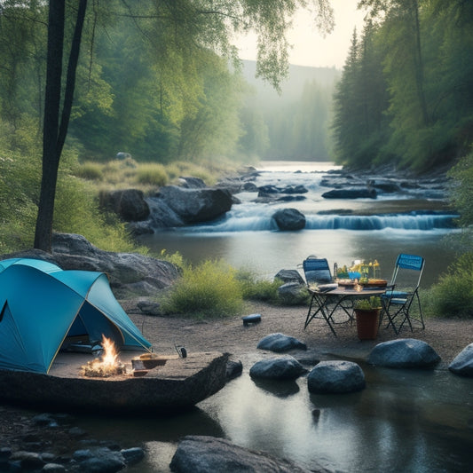 A serene campsite by a flowing river, featuring various water purification tools: a portable filter, UV sterilizer, and boiling pot, surrounded by lush trees and a tranquil atmosphere, reflecting natural beauty and outdoor adventure.