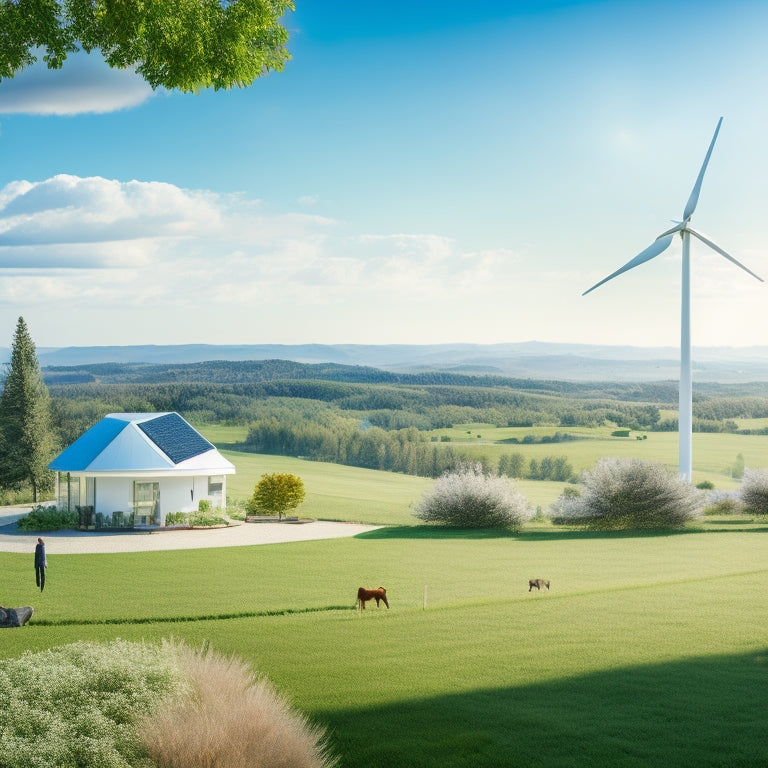 A serene landscape with a modern, sustainable home in the center, surrounded by lush greenery and a few wind turbines in the distance, with a bright blue sky and fluffy white clouds.