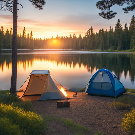 A serene campsite featuring a solar-powered tent with solar panels, surrounded by lush greenery, tall pine trees, and a tranquil lake reflecting the sunset, showcasing outdoor gear and a cozy campfire nearby.