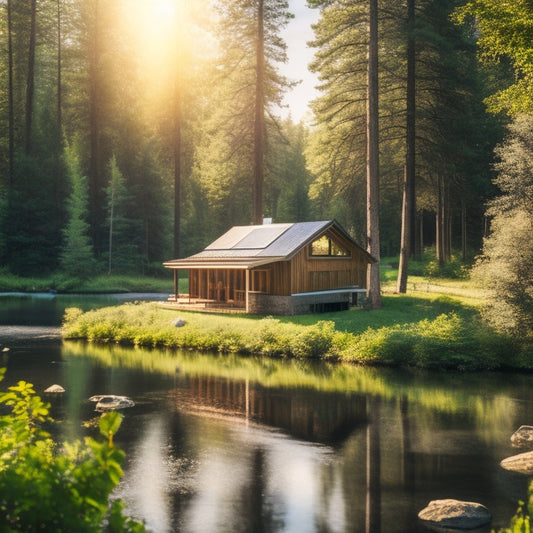 A serene cabin nestled in a lush forest, sunlight streaming onto solar panels on the roof, surrounded by vibrant greenery, a clear blue sky, and a peaceful lake reflecting the natural beauty.