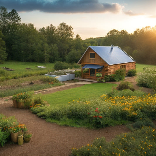 A serene off-grid homestead surrounded by lush greenery, featuring a solar panel array, wind turbine, and rainwater harvesting system, with a rustic wooden cabin and a thriving vegetable garden in the foreground.