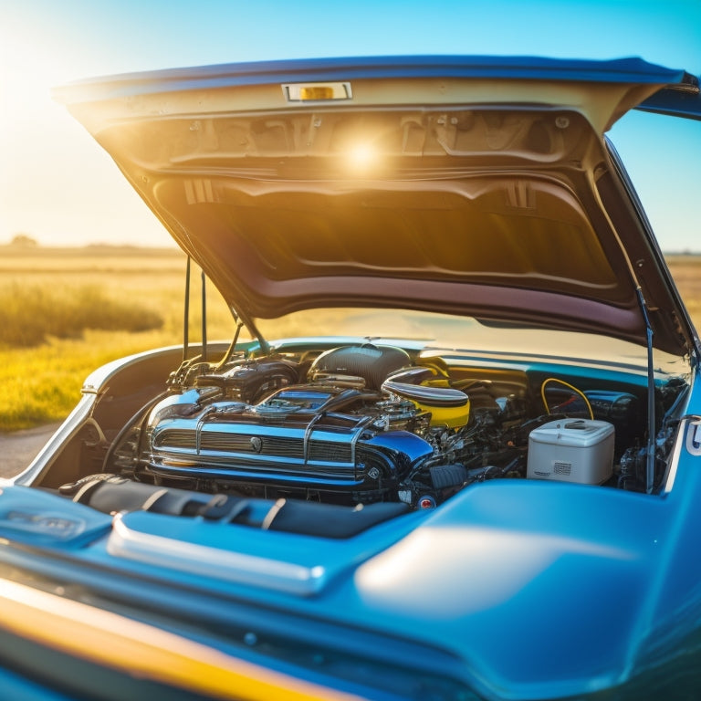 A sunny backdrop with a parked car, its hood open, revealing a clean and well-maintained engine, with a battery in the foreground, surrounded by tools and a water bottle.