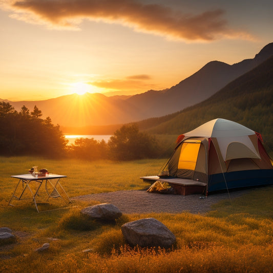 A serene off-grid campsite at sunset, featuring a sleek portable solar power generator beside a cozy tent, surrounded by lush greenery and mountains, with solar panels absorbing the last golden rays of sunlight.