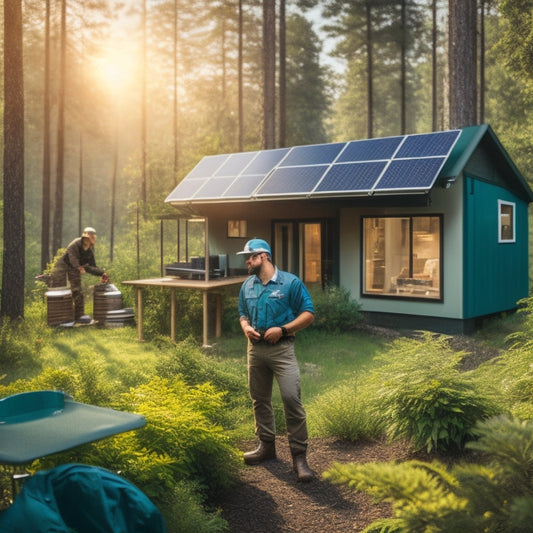 A serene outdoor scene with a small, modern off-grid cabin in the background, surrounded by lush greenery, and a person in the foreground wearing safety gear, standing near a solar panel array and an inverter system.