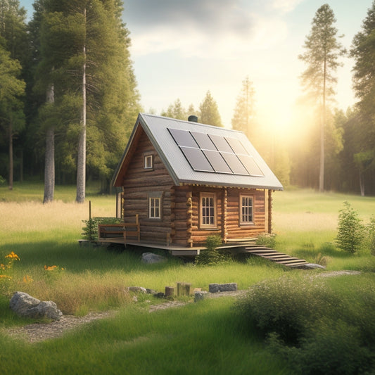 A serene rural landscape with a small cabin, surrounded by lush greenery, featuring a compact off-grid solar system with 4-6 photovoltaic panels mounted on a rustic wooden frame, connected to a sleek battery bank.