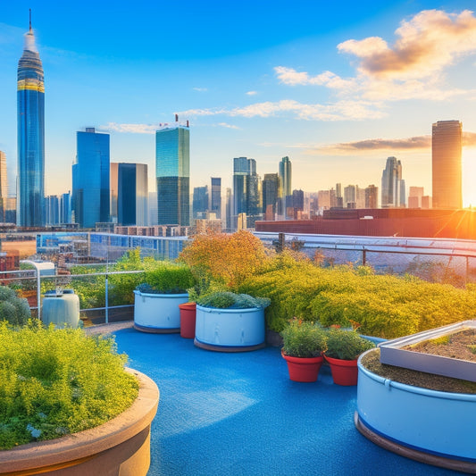 A vibrant urban landscape featuring a rooftop garden with a rainwater harvesting system, rain barrels collecting water, lush greenery thriving, and a city skyline in the background under a clear blue sky.