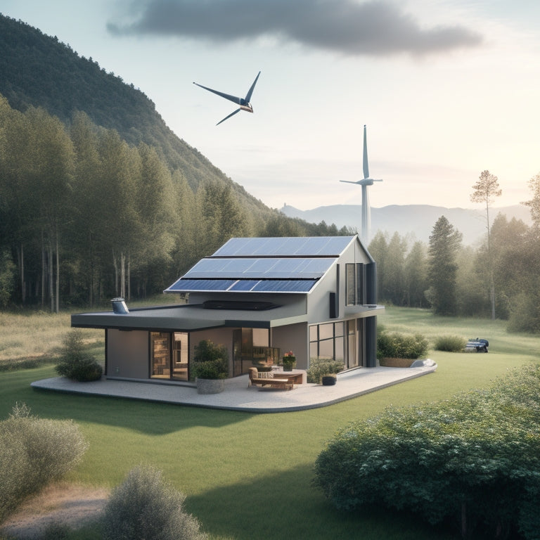 A serene, modern off-grid home surrounded by lush greenery, with a sleek solar panel array on the roof, a battery bank on the side, and a wind turbine in the distance.