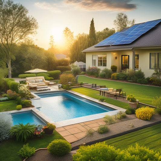 A serene residential backyard with a solar panel array on the roof, a radiant pool, and a lush garden, all connected by pipes and valves, with sunlight shining down.