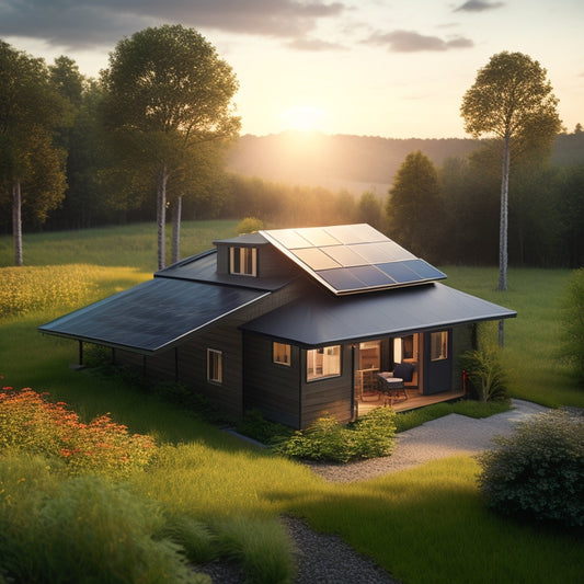 A serene rural landscape with a small, modern cabin surrounded by lush greenery, featuring a rooftop array of sleek, black solar panels angled towards the sun.