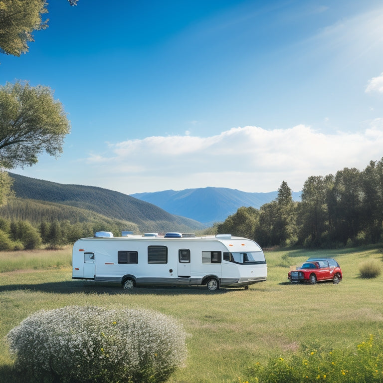 A serene landscape with a parked RV, solar panels on the roof, and a few panels leaning against its side, surrounded by lush greenery and a bright blue sky with fluffy white clouds.