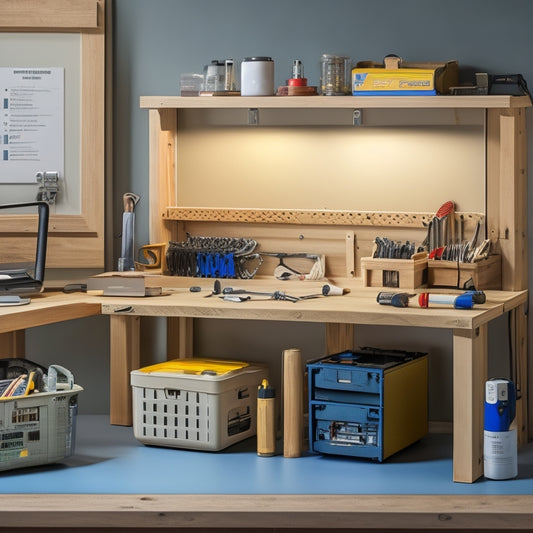 A clutter-free, well-organized wooden workbench with a DIY home power kit's components laid out, including a compact inverter, batteries, cables, fuses, and a circuit breaker, against a clean, light-gray background.