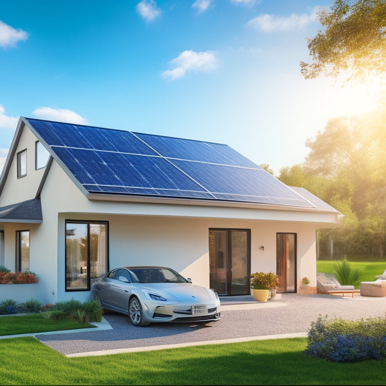 A colorful illustration of a modern home with solar panels on the roof, a battery bank in the garage, and a laptop displaying a monitoring system's dashboard, surrounded by lush greenery and a sunny sky.