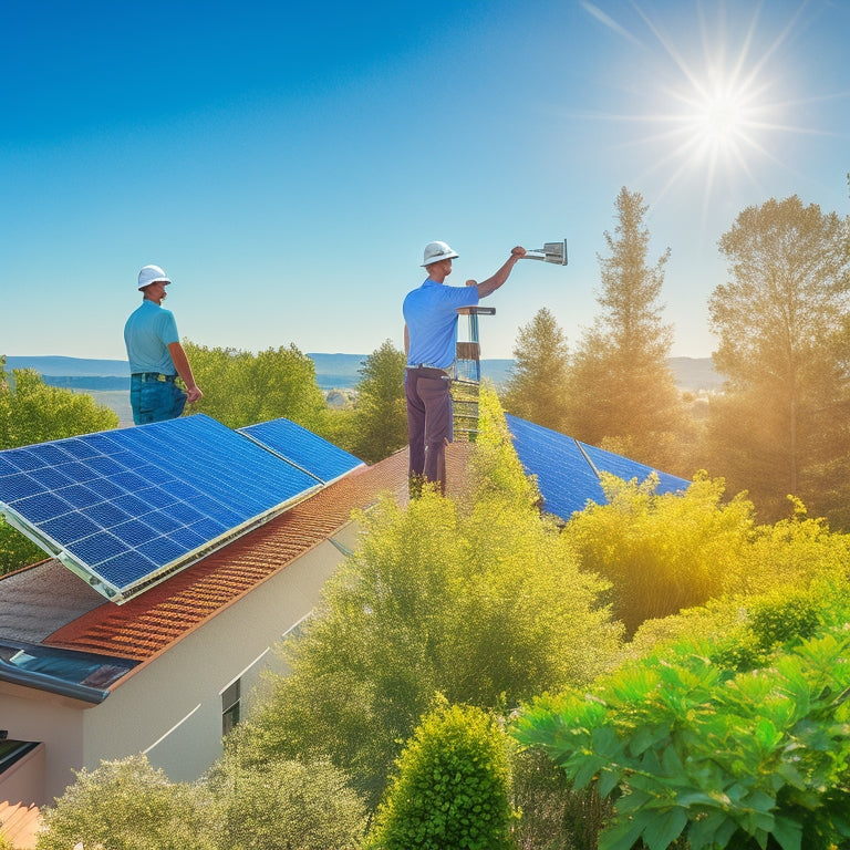 A sunny suburban rooftop adorned with sleek solar panels, surrounded by vibrant greenery, with a ladder leaning against the house and a technician carefully installing the panels, showcasing a clear blue sky overhead.