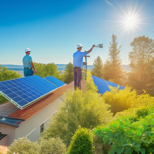 A sunny suburban rooftop adorned with sleek solar panels, surrounded by vibrant greenery, with a ladder leaning against the house and a technician carefully installing the panels, showcasing a clear blue sky overhead.