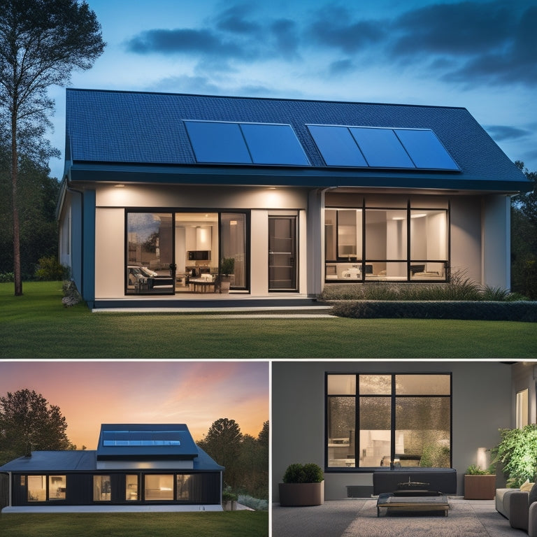 A modern, sleek home with a rooftop solar panel array, a battery backup system installed on the side of the house, and a subtle glow emanating from the windows during a nighttime power outage.