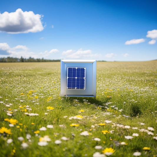 A small, sleek, silver-framed mini solar panel with 12 compact photovoltaic cells, mounted on a green grassy hill, surrounded by tiny wildflowers, under a bright blue sky with fluffy white clouds.