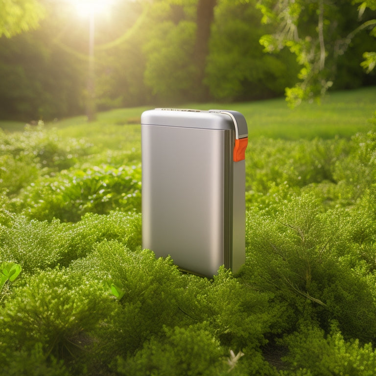 A sleek, silver battery pack with a built-in solar panel on top, surrounded by greenery and a subtle sunny glow, with charging cables and USB ports visible on the sides.