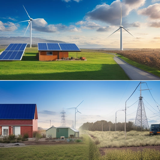 A split-screen illustration: a traditional power grid on the left, with tangled wires and smokestacks, versus a modern, sustainable home on the right, with solar panels, a wind turbine, and a battery bank.